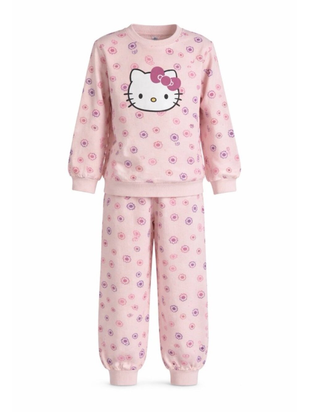 HELLO KITTY Girls 2 Piece Pants Top Set Age 7 Pink Purple Floral Cotton NEW